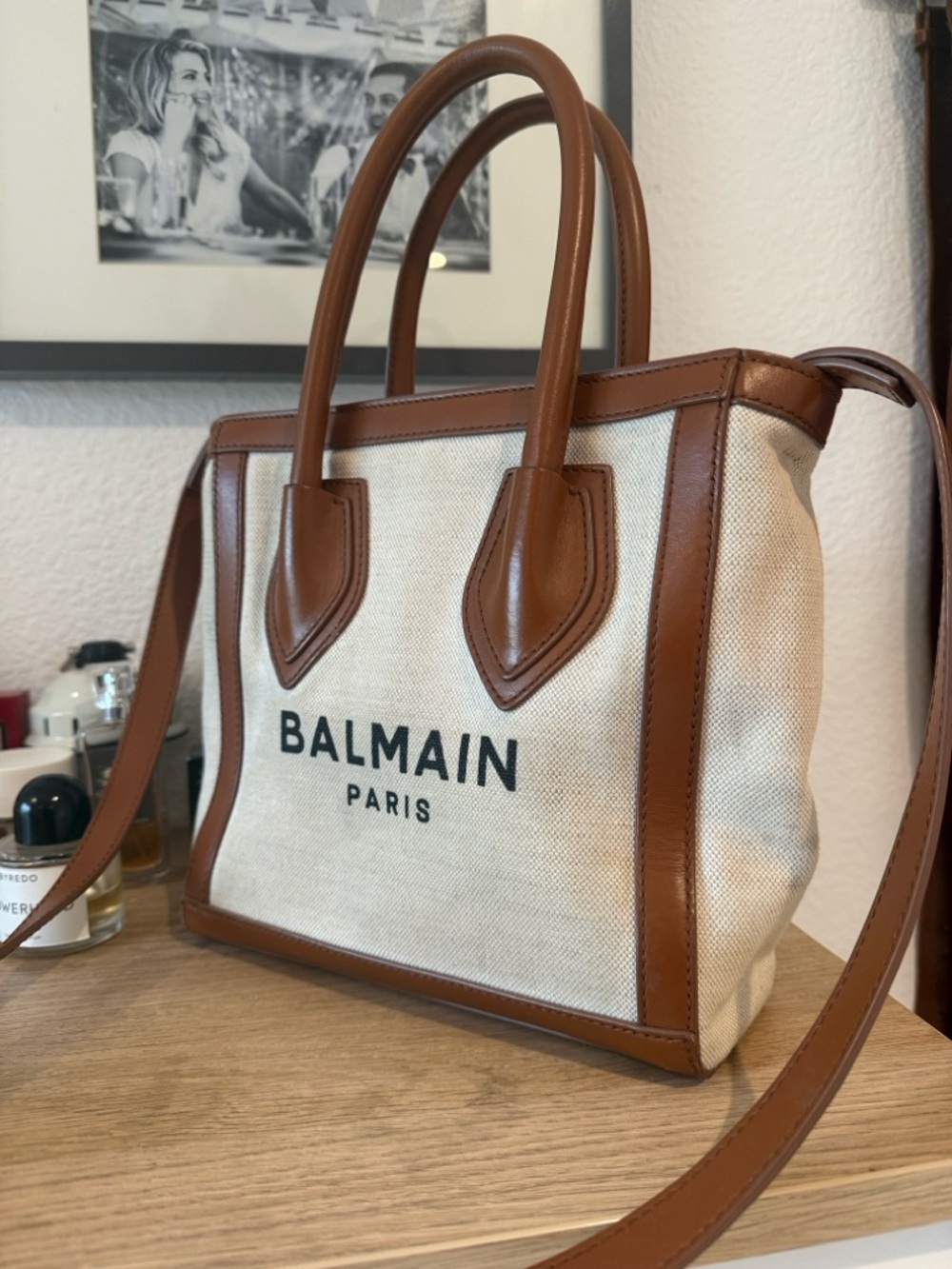 Balmain Tan and White Mini Canvas Tote with Leather Trim